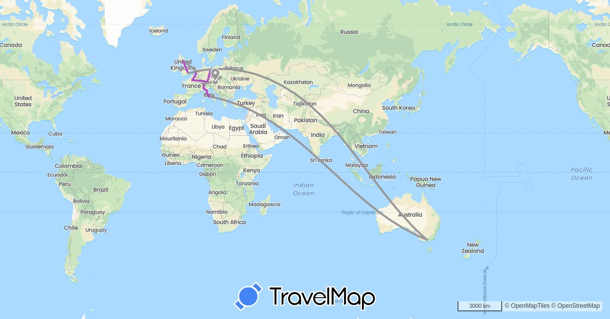 TravelMap itinerary: driving, plane, train in Austria, Australia, Switzerland, Czech Republic, Germany, France, United Kingdom, Italy, Netherlands, Poland (Europe, Oceania)